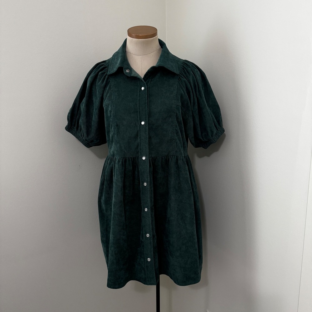 Entro Small Green Micro Corduroy Snap Front Mini Dress Puff Sleeves Holiday